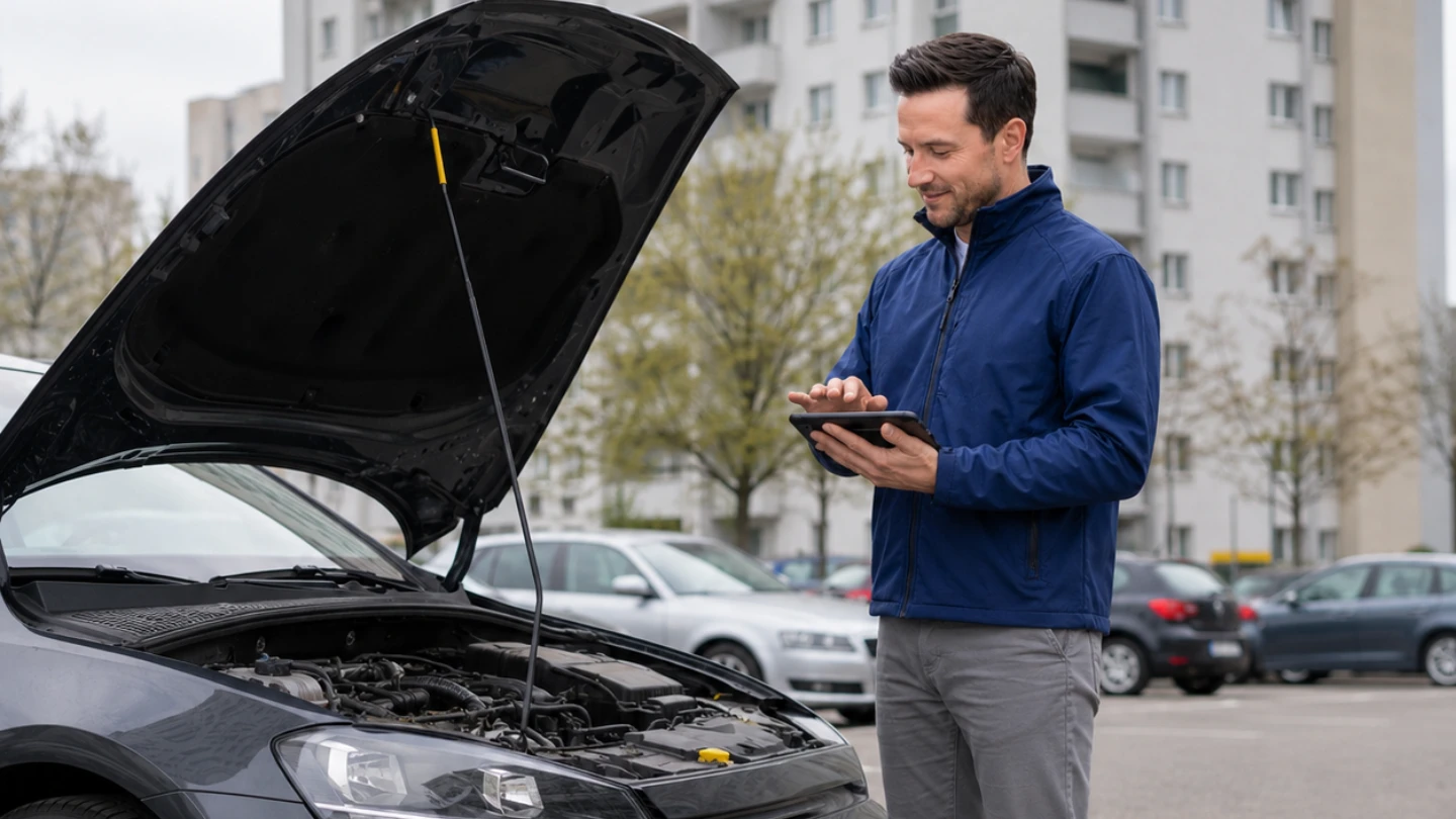 Autohändler prüft Fahrzeugmotor in Erkrath Wohngebiet